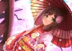  1girl :3 arms_up blue_sky blush bridge brown_hair cherry_blossoms commentary_request day dutch_angle eyebrows_visible_through_hair floral_print flower foreshortening furisode green_eyes hair_flower hair_ornament highres holding holding_umbrella hydrangea idolmaster idolmaster_cinderella_girls japanese_clothes kimono looking_at_viewer maekawa_miku obi oriental_umbrella outdoors outstretched_hand partial_commentary sash shawl short_hair sky solo swepot tree_branch umbrella 
