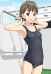  1girl black_eyes black_swimsuit blue_sky blurry breasts brown_hair clouds commentary_request cowboy_shot day depth_of_field highres looking_at_viewer open_mouth original outdoors short_hair shower_(place) sky small_breasts smile solo standing swimsuit takafumi upper_teeth 