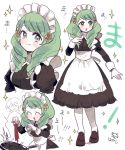  1boy 1girl byleth_(fire_emblem) byleth_eisner_(male) closed_eyes closed_mouth cooking fire_emblem fire_emblem:_three_houses fish flayn_(fire_emblem) frying_pan green_eyes green_hair hair_ornament long_hair long_sleeves maid maid_headdress multiple_views open_mouth prpr_icecream short_hair simple_background smile white_background 