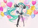  1girl aqua_eyes aqua_hair aqua_nails aqua_neckwear armpits balloon bare_shoulders belt black_legwear black_skirt black_sleeves boots commentary_request contrapposto detached_sleeves grey_shirt hair_ornament hatsune_miku headphones headset heart heart-shaped_balloon highres holding holding_microphone index_finger_raised ixima long_hair looking_at_viewer microphone microphone_stand miniskirt nail_polish necktie one_eye_closed open_mouth outstretched_arm pleated_skirt shirt skirt sleeveless sleeveless_shirt smile solo star star-shaped_balloon thigh-highs thigh_boots twintails very_long_hair vocaloid wide_shot zettai_ryouiki 