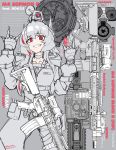  1girl \m/ absurdres arms_up assault_rifle bangs belt belt_buckle belt_pouch buckle choker commentary english_text fang fingerless_gloves girls_frontline gloves grey_background greyscale grin gun hands_up headgear highres jacket long_hair long_sleeves looking_at_viewer m4_carbine m4_sopmod_ii m4_sopmod_ii_(girls_frontline) mechanical_arm minata_(axl19941120) monochrome multicolored_hair pouch red_eyes redhead rifle smile solo streaked_hair upper_body watch weapon 