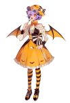  1girl absurdres bat_wings black_bow black_legwear bow commentary_request dress eyebrows_visible_through_hair fang fork full_body hair_between_eyes halloween hat hat_bow highres holding holding_fork holding_spoon long_sleeves orange_dress orange_headwear orange_legwear pantyhose red_eyes remilia_scarlet simple_background solo spoon striped striped_legwear touhou two-tone_bow vampire white_background white_bow wings yayako_(804907150) 