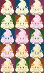  alcremie blue_eyes creature expressionless face flower food fruit gen_8_pokemon green_eyes heart highres looking_at_viewer multicolored multicolored_background no_humans orange_eyes pink_eyes pokemon pokemon_(creature) shawn_flowers strawberry 