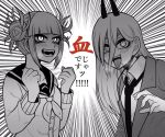  2girls blush boku_no_hero_academia chainsaw_man collar collarbone collared_shirt crossover demon_girl demon_horns double_bun fangs formal hair_between_eyes hand_up horns long_hair looking_at_viewer messy_hair monochrome multiple_girls necktie power_(chainsaw_man) sailor_collar saliva school_uniform sharp_teeth shirt slit_pupils smile sweater teeth toga_himiko tongue tongue_out trait_connection white_background 