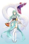  1girl absurdres animal aqua_hair aqua_kimono blue_background dragon_girl dragon_horns fan fate/grand_order fate_(series) folding_fan full_body gradient gradient_background highres holding holding_fan horns japanese_clothes kimono kiyohime_(fate/grand_order) long_hair multiple_horns nine7284 obi oversized_animal sandals sash snake solo standing tabi thigh-highs white_background white_legwear wide_sleeves yellow_eyes 