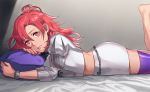  1girl fire_emblem fire_emblem:_three_houses from_side garreg_mach_monastery_uniform hapi_(fire_emblem) highres looking_to_the_side lying on_stomach parted_lips pillow red_eyes redhead shiyo_(jkke5275) solo uniform 