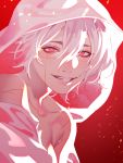  1girl bare_shoulders black_survival collarbone facial_scar hair_between_eyes highres hood hood_up red_background scar smile solo teeth values-of-the-world white_hair 