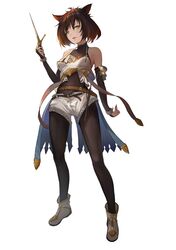  1girl absurdres animal_ears bare_shoulders bridal_gauntlets brown_hair cat_ears covered_navel dagger elbow_gloves facial_mark fingernails full_body gloves green_eyes half-closed_eyes highres lhsx looking_at_viewer original parted_lips sharp_fingernails short_hair shorts slit_pupils smile solo weapon white_background 