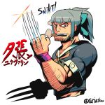  1boy arm_hair bow brown_eyes cigar claws crossdressinging from_side glint green_bow grey_hair grey_shirt hair_bow hand_up kantai_collection looking_at_viewer looking_to_the_side male_focus marvel mouth_hold muscle neckerchief open_mouth ponytail rariatto_(ganguri) school_uniform serafuku shirt short_sleeves smoke smoking solo translated twitter_username wolverine yellow_neckwear yuubari_(kantai_collection) 