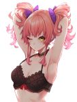  1girl armpits arms_behind_head bangs black_bra bow bra breasts collar commentary eyebrows_visible_through_hair highres idolmaster idolmaster_cinderella_girls jougasaki_mika lace lace_bra long_eyelashes looking_at_viewer medium_breasts medium_hair mikan_(chipstar182) one_eye_closed pink_hair sidelocks simple_background solo two_side_up underwear underwear_only upper_body white_background yellow_eyes 