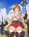  1girl absurdres atelier_(series) atelier_ryza belt blue_belt blue_sky breasts brown_belt brown_eyes brown_gloves brown_hair clouds covered_nipples fence flask gloves grass highres jacket jewelry lan_xiezi large_breasts leather leather_belt leather_gloves midriff navel necklace open_mouth red_shorts reisalin_stout round-bottom_flask short_hair short_shorts shorts single_glove sky sleeveless sleeveless_jacket staff star star_necklace thick_thighs thigh_pouch thighs vial white_headwear wooden_fence yellow_jacket 
