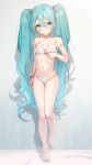 1girl absurdres al_mican aqua_eyes aqua_hair bare_arms bare_shoulders barefoot bra bracelet breasts collarbone commentary_request frown full_body hair_ornament hatsune_miku highres jewelry long_hair looking_at_viewer medium_breasts navel panties shoulder_tattoo solo standing standing_on_one_leg stomach tattoo thighs toenail_polish twintails underwear underwear_only very_long_hair vocaloid white_bra white_panties 