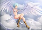  bird_legs blue_hair blush breasts clouds feathered_wings feathers green_eyes harpy head_feathers highres medium_breasts monster_girl multicolored_hair original purple_hair sky tail_feathers talons thighs two-tone_hair umou_(may65879) white_feathers winged_arms wings 