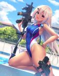 1girl :d absurdres arched_back arms_note blue_sky blurry blurry_background breasts building clouds competition_swimsuit dark_skin day depth_of_field dutch_angle fang from_side fukai_ryousuke glint goggles gun hair_between_eyes hair_ornament hairclip handgun highres holster holstered_weapon kouhai_(fukai_ryousuke) leg_holster long_hair medium_breasts non-web_source one-piece_swimsuit open_mouth pistol platinum_blonde_hair poolside skindentation sky smile solo submachine_gun swimsuit tan thighs trigger_discipline very_long_hair wall weapon yellow_eyes 