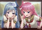  2girls arm_rest asymmetrical_horns blue_eyes blue_hair blush commentary_request ekusufeito fang hand_on_own_cheek head_rest honkai_(series) honkai_impact_3rd index_finger_raised indoors liliya_olenyeva long_hair multiple_girls neckerchief pink_hair rozaliya_olenyeva sailor_collar school_uniform serafuku shiny shiny_hair short_sleeves siblings signature sisters skin_fang thick_eyebrows twins violet_eyes window 