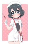  1girl alternate_costume bag black_hair blue_eyes blush clipboard commentary_request cowboy_shot dress eyebrows_visible_through_hair gloves hair_ornament hairclip hat highres kaban_(kemono_friends) kemono_friends nurse nurse_cap ransusan short_hair solo sweatdrop syringe white_bag white_dress white_gloves white_headwear 