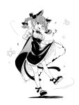  1girl alternate_costume animal_ears braid breasts cat_ears cat_tail commentary_request dress fangs full_body greyscale kaenbyou_rin long_sleeves looking_at_viewer medium_breasts monochrome multiple_tails musical_note open_mouth pointy_ears shoes simple_background skirt_hold smile solo standing tail tanasuke touhou twin_braids two_tails white_background 
