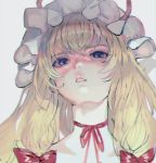  1girl bangs blonde_hair blurry blurry_background bow choker chromatic_aberration collarbone eyebrows_visible_through_hair eyelashes face hair_between_eyes hair_bow hat hat_ribbon light_frown long_hair looking_at_viewer mob_cap mochacot neck parted_lips pink_lips red_bow red_ribbon ribbon ribbon_choker shiny shiny_hair sidelocks simple_background sketch solo touhou violet_eyes white_background white_headwear yakumo_yukari 