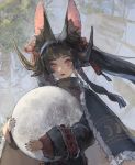  1girl animal_ear_fluff animal_ears black_hair black_nails cloak eyebrows_visible_through_hair fingernails fur_trim goat_eyes holding horns jewelry kurii89800727 long_hair moon necklace original outdoors parted_lips red_eyes solo twintails 