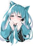  1girl absurdres animal_ears aotan_(aorin114) aqua_eyes aqua_hair blush cat_ears face fake_animal_ears fang hair_between_eyes hair_tousle hatsune_miku headphones heart heart-shaped_pupils highres long_hair simple_background solo symbol-shaped_pupils twintails vocaloid wavy_mouth white_background 