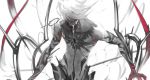  1boy alter_servant arm_blade dark_persona egawa_akira fangs fate/apocrypha fate_(series) greyscale hair_over_eyes highres hole_in_chest karna_(fate) male_focus monochrome shirtless solo spot_color weapon 