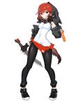  1girl absurdres arknights bingbingzi black_gloves breasts covered_navel crownslayer_(arknights) fingerless_gloves full_body gloves hair_ornament hairclip highres holding holding_weapon hood looking_at_viewer red_eyes redhead sheath simple_background solo tail weapon white_background 