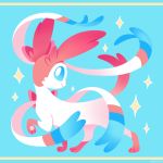  blue_background blue_eyes closed_mouth commentary commission creature english_commentary full_body gen_6_pokemon looking_at_viewer no_humans pokemon pokemon_(creature) simple_background smile solo sparkle standing sylveon versiris 