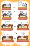  &gt;_&lt; /\/\/\ 3girls :&lt; :3 =_= bangs blue_hair blunt_bangs blush_stickers brown_hair character_request chibi directional_arrow folded_ponytail hair_ribbon headgear inazuma_(kantai_collection) kantai_collection kotatsu miyuki_(kantai_collection) motion_lines multiple_girls murakumo_(kantai_collection) rariatto_(ganguri) red_ribbon ribbon table translation_request wide-eyed wide_face 