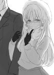  1boy 1girl black_gloves blonde_hair blush business_suit couple earrings finger_to_mouth formal gloves greyscale hat head_out_of_frame highres jewelry locked_arms long_hair mask monochrome mouth_mask original pendant shushing suit surgical_mask sweater walking white_background winter_clothes yomei3week 