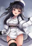  1girl azur_lane black_gloves black_hair black_legwear blush breasts coat commentary_request eyebrows_visible_through_hair fur_trim gloves hat large_breasts long_hair long_sleeves looking_at_viewer manda_(manda9n) open_mouth pamiat_merkuria_(azur_lane) partial_commentary smile solo thigh-highs violet_eyes white_headwear 
