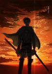  1boy absurdres ascot belt black_eyes black_hair boots cape chiruchiru clouds dual_wielding highres holding holding_sword holding_weapon jacket levi_(shingeki_no_kyojin) looking_at_viewer male_focus paradis_military_uniform reverse_grip shingeki_no_kyojin short_hair sky solo sunset sword thigh_strap three-dimensional_maneuver_gear undercut weapon wire 