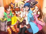  +_+ 5girls :d black_legwear blonde_hair blue_eyes blue_hair blurry blurry_background blush brown_eyes brown_hair brown_shorts brown_skirt choker coat_dress collarbone collared_shirt dress_shirt embarrassed floating_hair fur_coat futami_ami futami_mami green_shirt hair_ornament hair_scrunchie hairclip highres hina_(araburu-hinadori) idolmaster idolmaster_dearly_stars lolita_fashion long_hair minase_iori miniskirt mizutani_eri multiple_girls one_side_up open_mouth orange_legwear pink_coat pink_sweater plaid plaid_skirt pleated_skirt print_shirt red_eyes red_scrunchie ribbed_sweater scarf scrunchie shirt short_hair short_shorts shorts side_ponytail skirt smile sparkle striped striped_legwear suzuki_ayane sweater thigh-highs turtleneck turtleneck_sweater very_long_hair white_shirt wing_collar yellow_scrunchie yellow_shirt zettai_ryouiki 