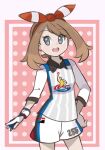  1girl brown_hair chocomiru may_(pokemon) medium_hair pokemon pokemon_(game) polka_dot polka_dot_background smile solo 