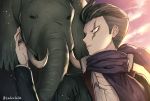  1boy animal artist_name black_hair black_jacket collarbone commentary_request dangan_ronpa elephant jacket jewelry long_sleeves looking_at_animal outdoors ring scar scar_across_eye scarf shirt short_hair super_dangan_ronpa_2 tanaka_gandamu white_shirt z-epto_(chat-noir86) 