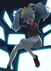  1girl akashingo_(rotampel) arms_up blue_hair blue_skin glowing glowing_eyes hair_ornament heart_(organ) highres hoshikawa_lily long_hair red_eyes screen_light skirt smile star star_hair_ornament television zombie zombie_land_saga 