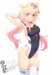  1girl :d armpits arms_up bangs black_swimsuit blonde_hair blush breasts character_name collarbone competition_swimsuit dan_(kumadan) eyebrows_visible_through_hair hair_between_eyes hair_flaps hair_ornament hair_ribbon hairclip heart highleg highleg_swimsuit highres kantai_collection lips long_hair looking_at_viewer low_twintails medium_breasts one-piece_swimsuit open_mouth red_eyes remodel_(kantai_collection) ribbon sideboob simple_background skindentation smile solo swimsuit thigh-highs twintails whistle whistle_around_neck white_background white_legwear yuudachi_(kantai_collection) 