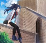  1girl ankle_boots bangle black_pants blue_eyes blue_footwear blue_hair blue_sky boots bracelet brick_wall casual contemporary day fire_emblem fire_emblem_awakening fire_emblem_heroes full_body jewelry light_smile long_hair lucina lucina_(fire_emblem) messy_hair on_wall pants ponytail red_scarf scarf sitting sky sleeves_pushed_up solo tiara tusia twitter_username 