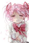 1girl ayumaru_(art_of_life) crying crying_with_eyes_open flat_chest floating_hair furrowed_eyebrows hair_ribbon half-closed_eyes hands_on_own_chest high_collar juliet_sleeves kaname_madoka light_particles long_sleeves looking_at_viewer mahou_shoujo_madoka_magica mitakihara_school_uniform neck_ribbon open_mouth pink_eyes pink_hair puffy_sleeves red_ribbon ribbon sad school_uniform simple_background solo streaming_tears tears twintails uniform upper_body white_background 