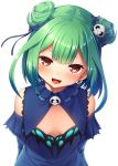  1girl :d bare_shoulders blue_bow bow breasts breasts_apart commentary_request double_bun dress earrings eyebrows_visible_through_hair furrowed_eyebrows green_hair hair_bow hair_ornament head_tilt highres hololive jewelry looking_at_viewer noshimasa open_mouth red_eyes simple_background skull_earrings skull_hair_ornament small_breasts smile solo uruha_rushia virtual_youtuber white_background 