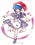  1girl apron back_bow black_dress black_footwear blue_eyes blue_hair blush bow character_name dated doremy_sweet dream_soul dress frills full_body hat kibayashi_kimori nightcap outstretched_arms pom_pom_(clothes) red_headwear short_hair short_sleeves signature solo spread_arms touhou traditional_media turtleneck waist_apron white_background white_bow 