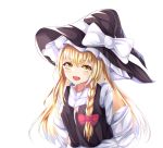  1girl :d absurdres bangs black_headwear blonde_hair blush bow braid eyebrows_visible_through_hair floating_hair gradient_hair hair_between_eyes hair_bow hat hat_bow highres kirisame_marisa kure:kuroha long_hair long_sleeves multicolored_hair open_mouth red_bow silver_hair simple_background single_braid smile solo touhou upper_body very_long_hair white_background white_bow witch_hat yellow_eyes 