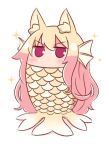  1girl animal_ear_fluff animal_ears bangs blonde_hair blush eyebrows_visible_through_hair fox_ears fox_tail full_body hair_between_eyes head_fins kemomimi-chan_(naga_u) long_hair looking_at_viewer naga_u original red_eyes scales shadow simple_background solo sparkle tail v-shaped_eyebrows very_long_hair white_background 