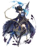  1girl adjusting_headwear alice_(sinoalice) boots brooch coat cravat dark_blue_hair feathers frills full_body gloves gold_trim hat hat_over_one_eye jewelry ji_no looking_at_viewer official_art pocket_watch polearm red_eyes short_hair sinoalice smoke solo spear tattoo thigh-highs thigh_boots transparent_background watch weapon 