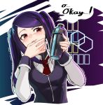  1girl collared_shirt commentary cropped_torso english_commentary english_text holding jill_stingray long_sleeves necktie purple_vest red_eyes red_neckwear seigetsu_kotaku shaker shirt sidelocks sleeve_cuffs smile solo sweat twintails upper_body va-11_hall-a vest violet_eyes 