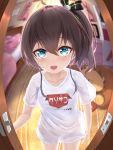  alternate_costume bedroom blue_eyes blurry blurry_background hair_between_eyes hair_ornament highres hololive looking_at_viewer natsuiro_matsuri open_mouth pov sprygon virtual_youtuber 