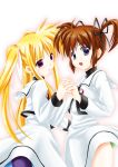  2girls black_ribbon blonde_hair blush brown_hair child couple fate_testarossa happy highres holding_hand interlocked_fingers kuroyorozu legs long_hair looking_at_another lyrical_nanoha magical_girl mahou_shoujo_lyrical_nanoha mahou_shoujo_lyrical_nanoha_a&#039;s multiple_girls open_mouth red_eyes red_ribbon ribbon school_uniform short_hair short_twintails simple_background skirt smile takamachi_nanoha thighs twintails uniform violet_eyes white_background white_ribbon yuri 