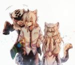  1boy 2girls ^_^ ^o^ animal_ears arknights braid brother_and_sister carrying cat_ears cat_tail circlet cliffheart_(arknights) closed_eyes commentary_request fang fur_trim grey_eyes hair_between_eyes hat highres long_hair multiple_girls necktie nga_(artist) piggyback pramanix_(arknights) siblings silver_hair silverash_(arknights) sleeves_past_wrists smile tail 