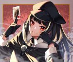  1girl black_gloves black_hair cape collared_shirt eyebrows_visible_through_hair gloves hat long_sleeves looking_at_viewer necktie open_mouth original red_eyes shirt smile solo white_shirt wing_collar yuniiho 