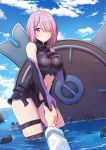  1girl armor ars.rin bangs bare_shoulders blush breasts commentary_request elbow_gloves eyebrows_visible_through_hair fate/grand_order fate_(series) gloves hair_over_one_eye hand_tattoo holding_hands in_water large_breasts looking_at_viewer mash_kyrielight navel outdoors pink_hair purple_hair shield short_hair solo_focus thigh_strap violet_eyes 