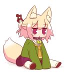  1girl animal_ear_fluff animal_ears bangs bell bell_collar between_legs blonde_hair blush brown_collar brown_footwear collar eyebrows_visible_through_hair fox_ears fox_girl fox_tail full_body green_shirt hair_between_eyes hair_bun hair_ornament hand_between_legs jingle_bell kemomimi-chan_(naga_u) long_hair long_sleeves looking_away naga_u orange_neckwear original parted_lips pleated_skirt purple_skirt red_eyes ribbon-trimmed_legwear ribbon_trim sailor_collar shadow shirt sidelocks sitting skirt sleeves_past_fingers sleeves_past_wrists solo tail thigh-highs white_background white_legwear white_sailor_collar 